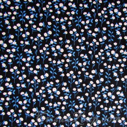 Tissu Coton Fleurs Blanches Feuilles Bleues Fond Noir | Tissus Loup