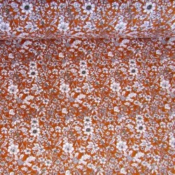 Tissu Coton Fleurs Blanches Fond Terracotta | Tissus Loup