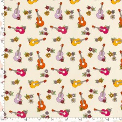 Tissu Jersey coton Guitares Colorées et Fleurs | Tissus Loup