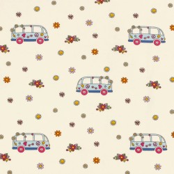 Tissu Jersey coton VW Bus Peace and Love et Fleurs | Tissus Loup