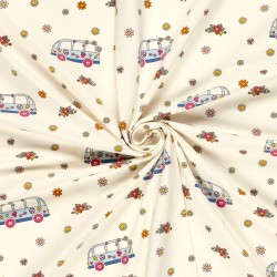 Tissu Jersey coton VW Bus Peace and Love et Fleurs | Tissus Loup