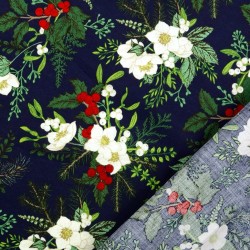 Tissu Coton Bouquet de Noël fond bleu marine | Tissus Loup