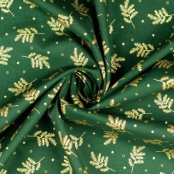 Tissu Coton Branches de Noël Dorées Fond Vert | Tissus Loup