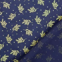 Tissu Coton Branches de Noël Dorées Fond Bleu Marine | Tissus Loup