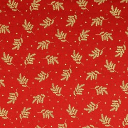 Tissu Coton Branches de Noël Dorées Fond Rouge | Tissus Loup