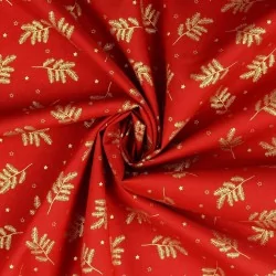 Tissu Coton Branches de Noël Dorées Fond Rouge | Tissus Loup