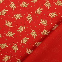 Tissu Coton Branches de Noël Dorées Fond Rouge | Tissus Loup