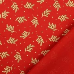 Tissu Coton Branches de Noël Dorées Fond Rouge | Tissus Loup