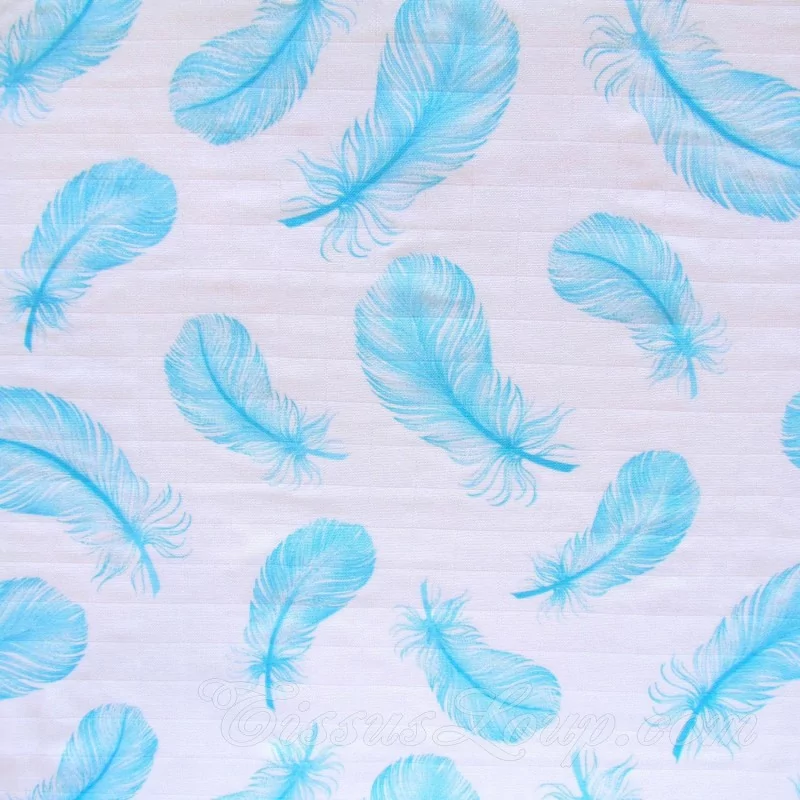 Tissu Double Gaze de Coton Plumes Bleu Turquoisee | Tissus Loup