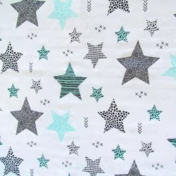 Tissu Double Gaze de Coton Étoiles Turquoise et Grise | Tissus Loup