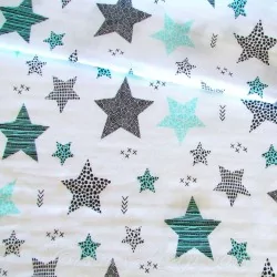 Tissu Double Gaze de Coton Étoiles Turquoise et Grise | Tissus Loup