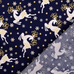 Tissu Coton Renne de Noël à Cornes d'Or Fond Bleu Marine | Tissus Loup