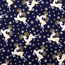 Tissu Coton Renne de Noël à Cornes d'Or Fond Bleu Marine | Tissus Loup
