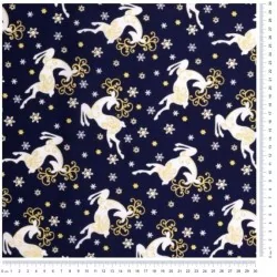 Tissu Coton Renne de Noël à Cornes d'Or Fond Bleu Marine | Tissus Loup