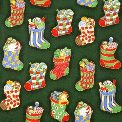 Tissu Coton Chaussettes de Noël Fond Vert | Tissus Loup