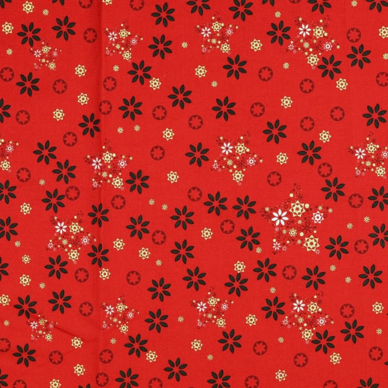 Tissu Coton Noël Fantaisie d'Étoiles dorées Fond Rouge | Tissus Loup