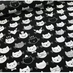 Tissu Coton Têtes de Chats Fond Noir | Tissus Loup