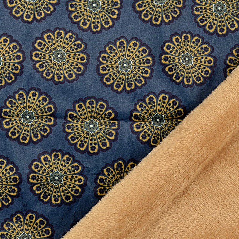 Tissu Suédine bleu fleurs mandala double face fourrure noisette | Tissus Loup