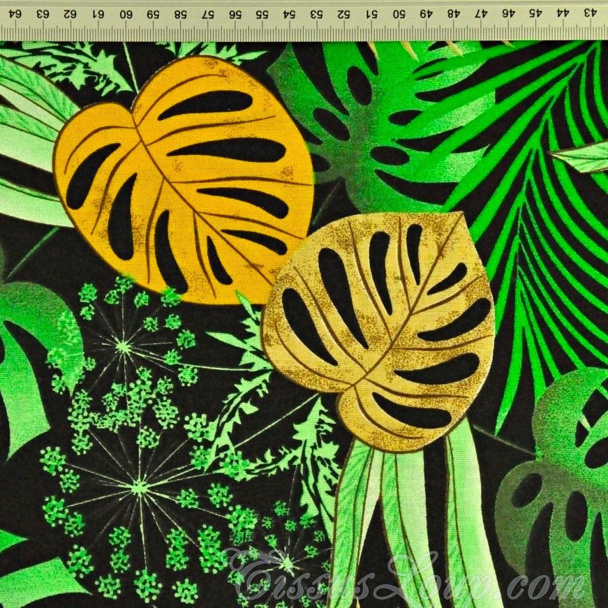 Tissu Feuilles de Monstera et de Palmier Fond Noir — 2