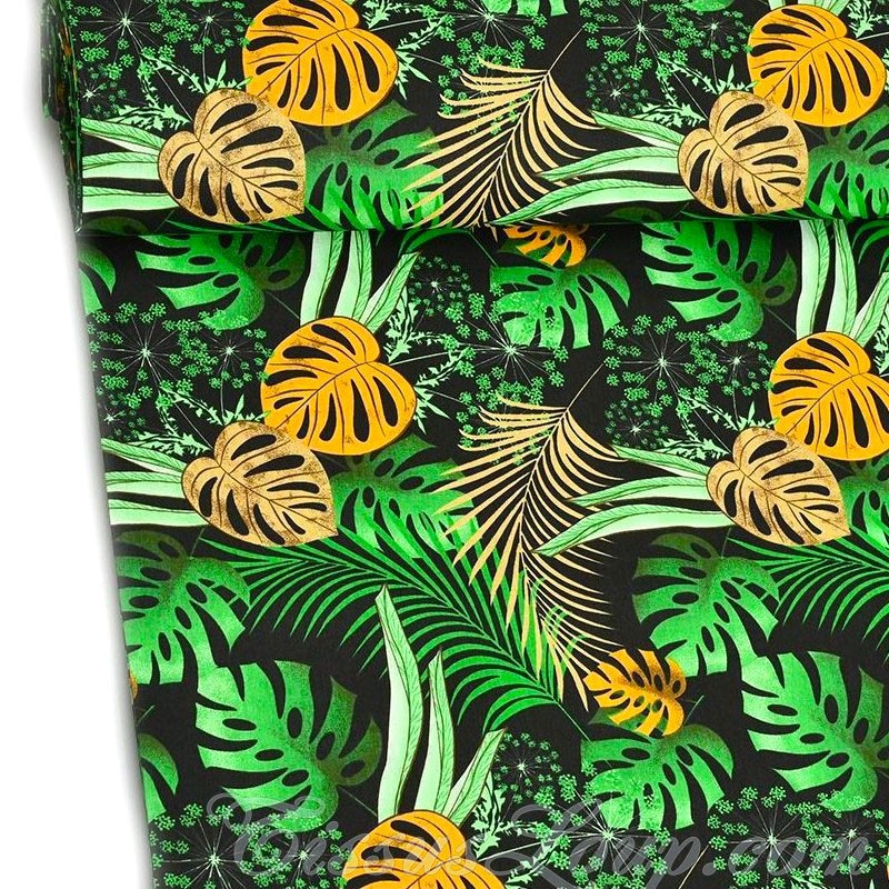 Tissu Feuilles de Monstera et de Palmier Fond Noir — 1