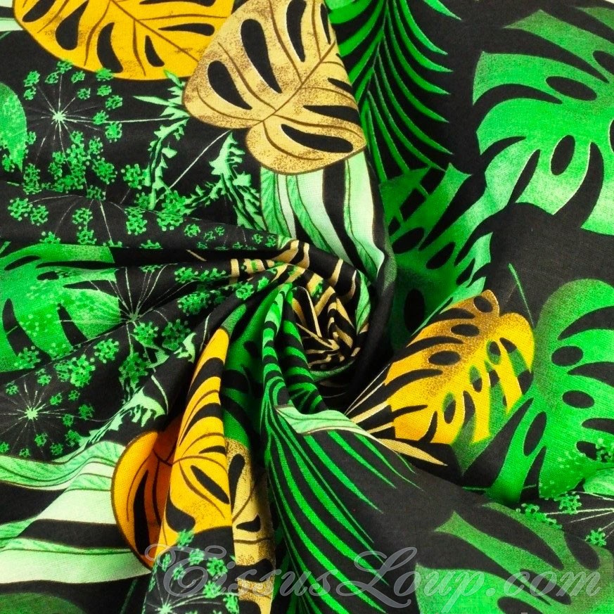 Tissu Feuilles de Monstera et de Palmier Fond Noir — 3