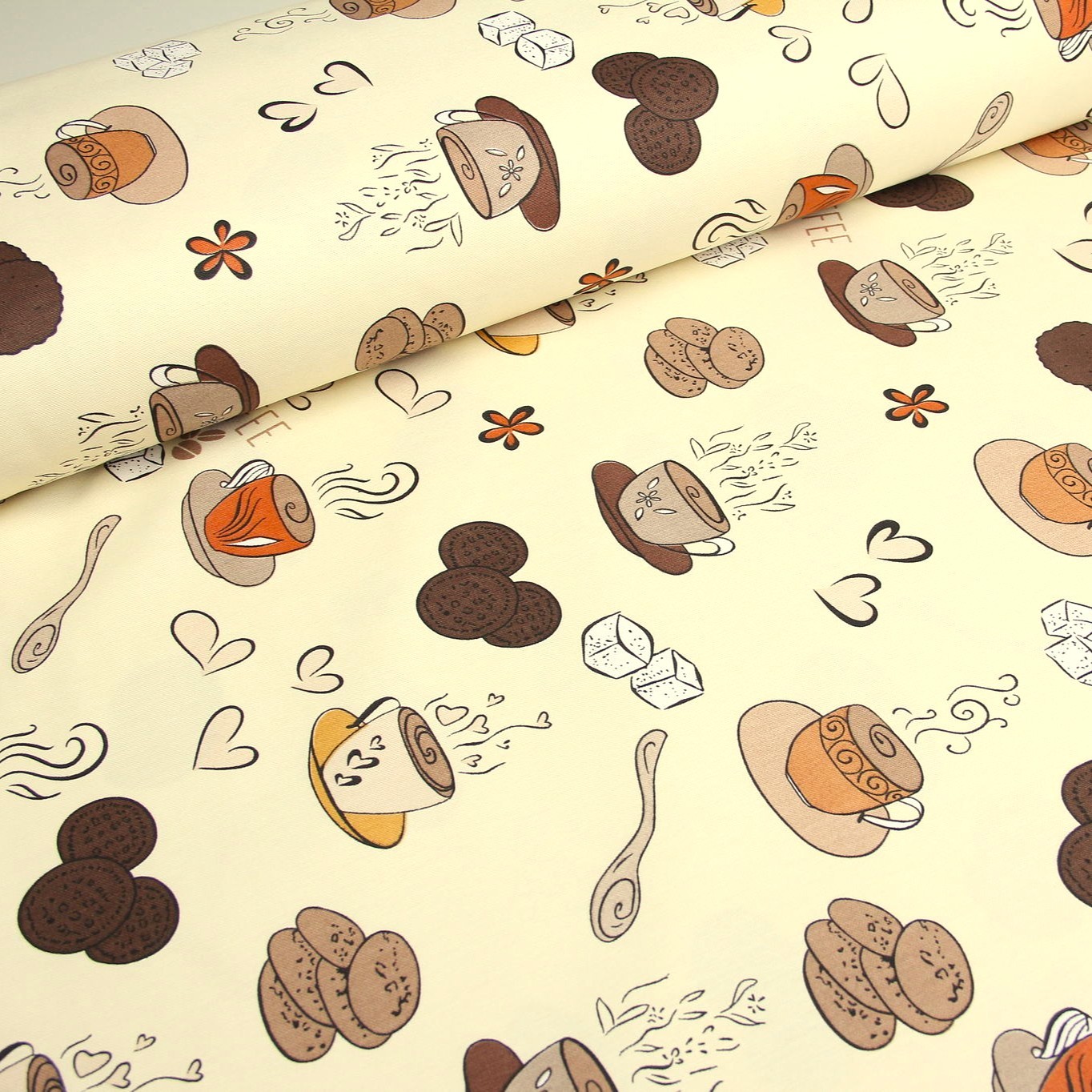 Tissu Déco Semi Panama Café et Biscuits Fond Crème — 1